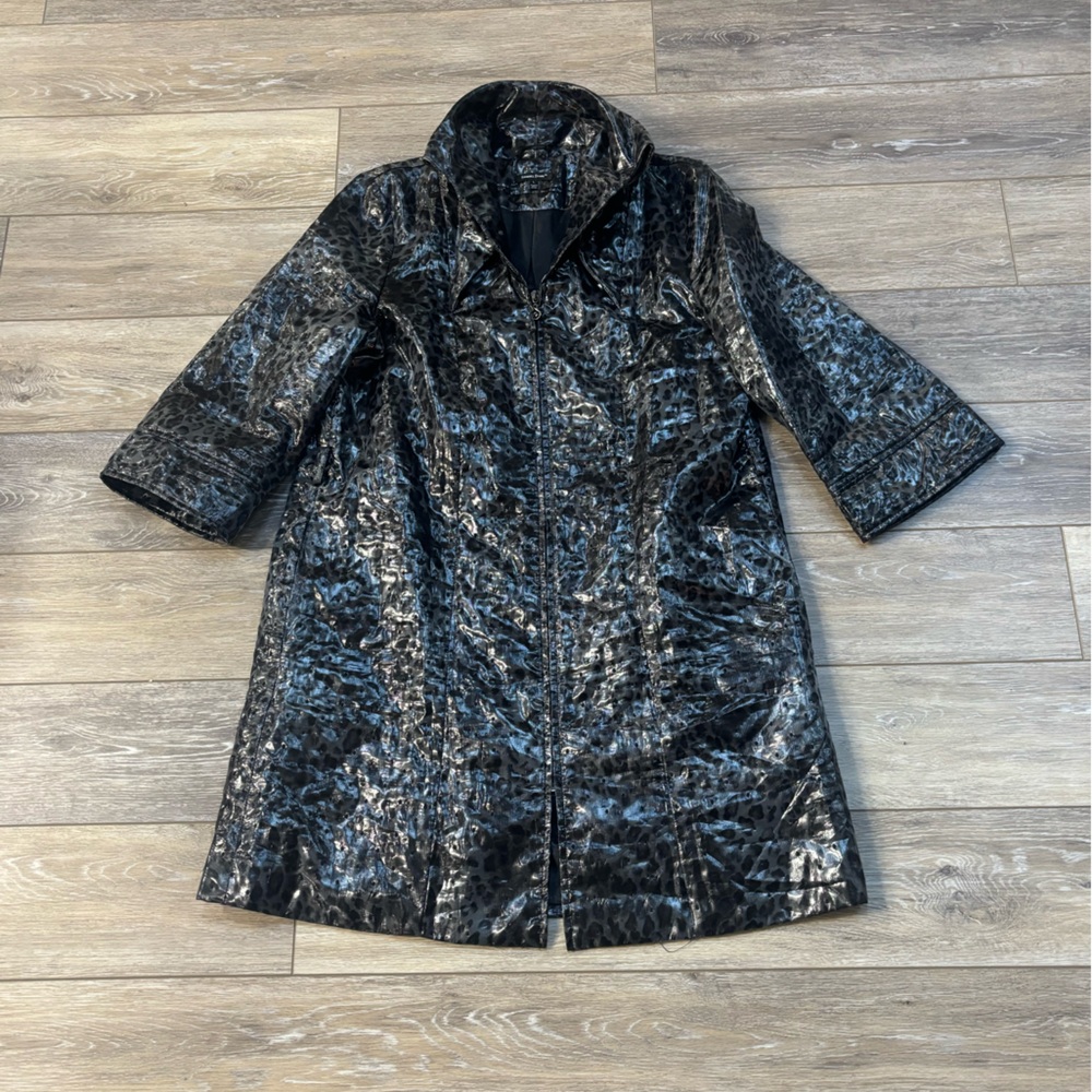 Samuel Dong Jacket Sz L Gray Shiny Leopard Artsy Trench Midi Zip Mobwife *Read*